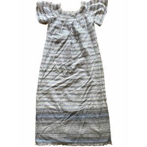 Tommy Bahama Women's Off The Shoulder Linen Stripe MIDI Dress Fringe Hem Medium